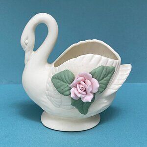 Adorable Little Vintage Rose Flower Swan Dish - Trinket Dish - Planter